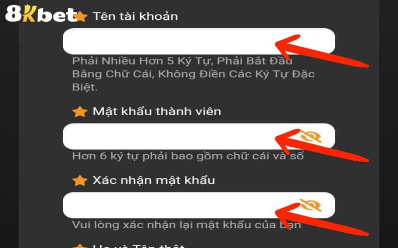 Điền các thông tin đăng ký 8KBET Điền các thông tin đăng ký 8KBET
