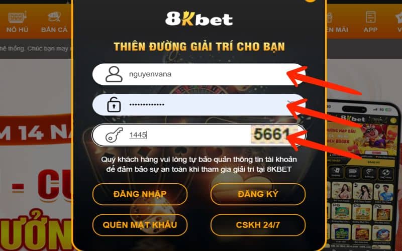 Điền thông tin tài khoản để đăng nhập 8KBET Điền thông tin tài khoản để đăng nhập 8KBET